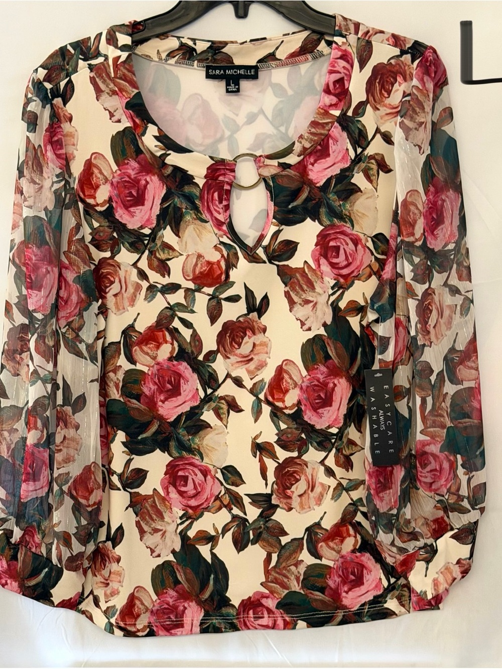 Sara Michelle Cream Blouse with Pink & Burgundy Floral Print and Ring Detail
